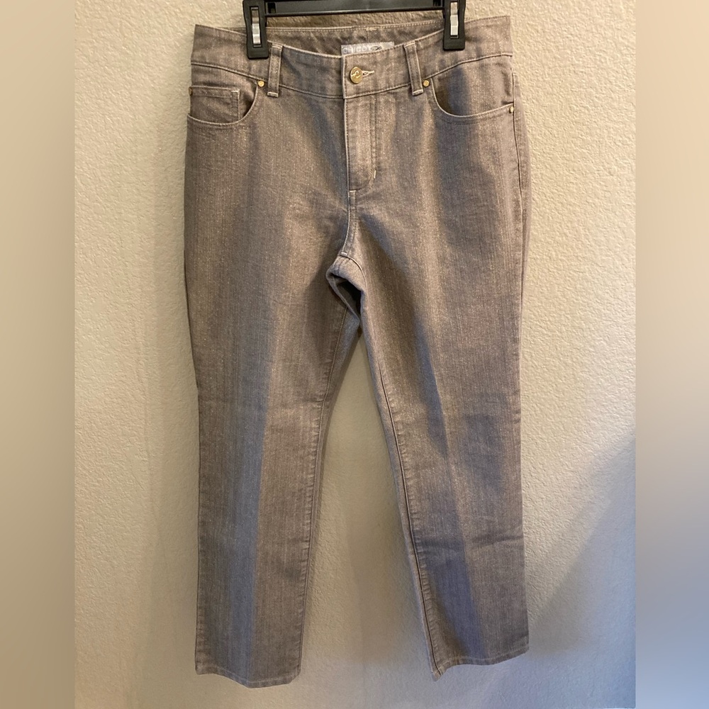 Chico's Gray Slim Ankle Cropped Jeans with a gold shimmer, size 0